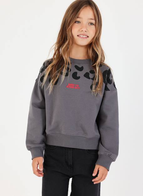Sweat-shirt fille en molleton imprimé léopard Gris 1 - vertbaudet enfant 