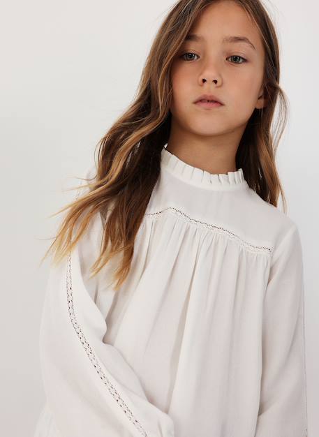 Blouse fille avec dentelle et col froncé Blanc 2 - vertbaudet enfant 