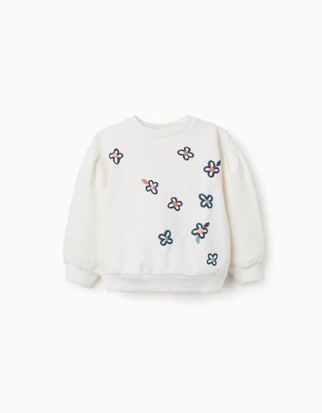 Sweat en coton peigné avec fleurs en relief Blanc 1 - vertbaudet enfant 