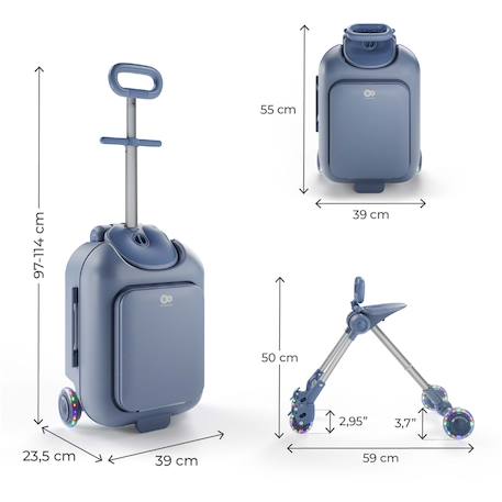 Valise cabine enfant Kinderkraft CABBY 2 en 1 porteur avec siège roues lumineuses pliable compacte 20l Blue+Grey+Pink 6 - vertbaudet enfant 