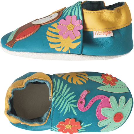 Chaussons bébé cuir souple soizic sous les tropiques Bleu 2 - vertbaudet enfant 
