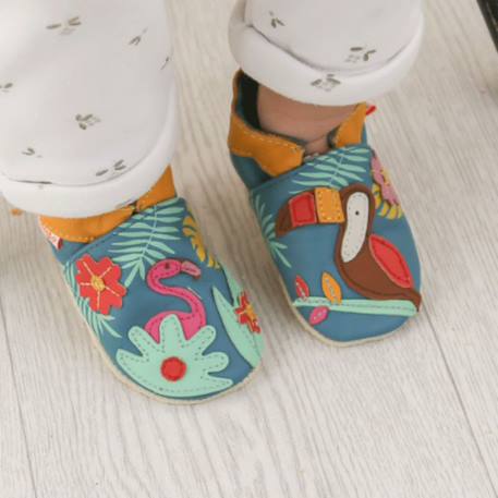 Chaussons bébé cuir souple soizic sous les tropiques Bleu 3 - vertbaudet enfant 