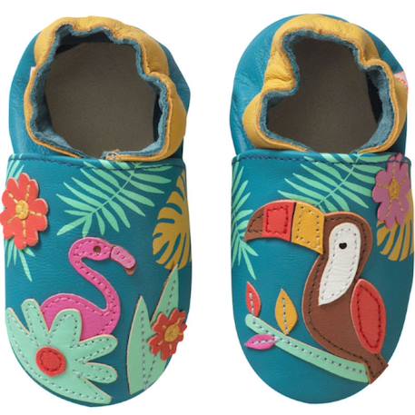 Chaussons bébé cuir souple soizic sous les tropiques Bleu 1 - vertbaudet enfant 