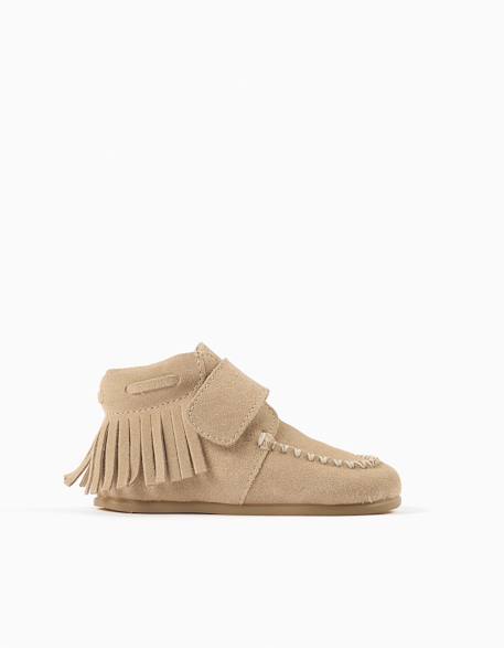 Bottines barefoot en daim à franges et à scratch Beige 1 - vertbaudet enfant 