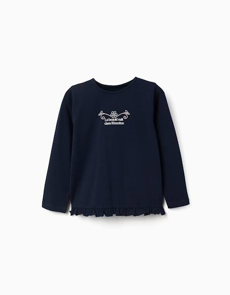 T-shirt en coton à manches longues avec imprimé et ourlet volanté Blanc+Bleu foncé+Rose clair 4 - vertbaudet enfant 