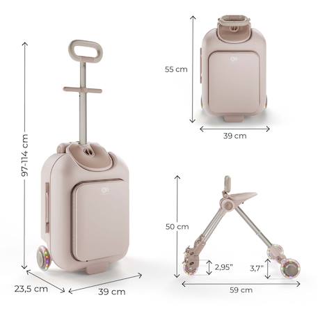 Valise cabine enfant Kinderkraft CABBY 2 en 1 porteur avec siège roues lumineuses pliable compacte 20l Grey+Pink 12 - vertbaudet enfant 