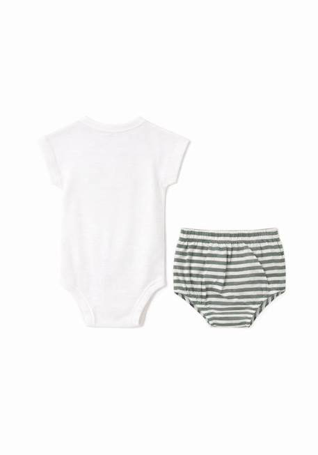 Ensemble bloomer + haut 100% coton bébé Fond blanc casse raye kaki 3 - vertbaudet enfant 