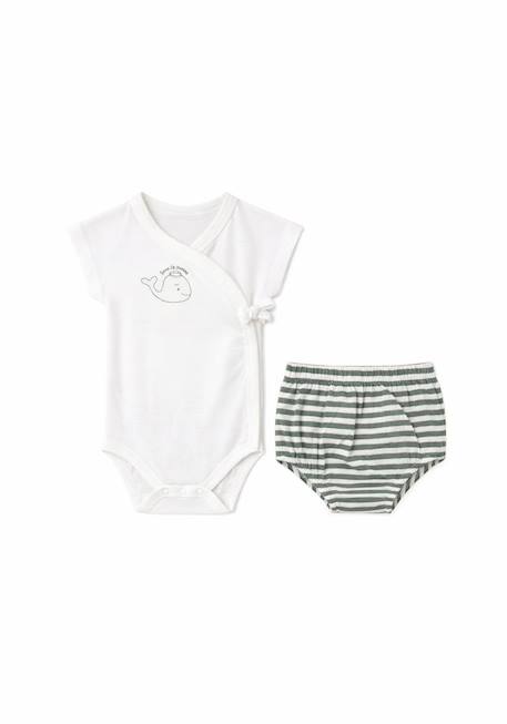 Ensemble bloomer + haut 100% coton bébé Fond blanc casse raye kaki 2 - vertbaudet enfant 