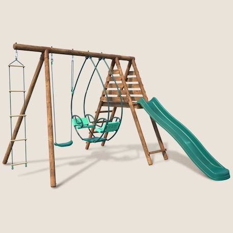 Portique en bois rond 3 agrès avec face à face, échelle et toboggan lavande Marron 1 - vertbaudet enfant 
