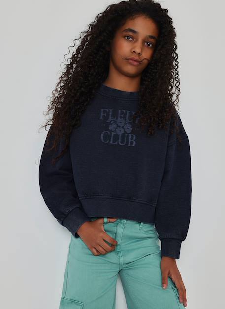 Sweat-shirt fille molleton imprimé fleurs Bleu 1 - vertbaudet enfant 