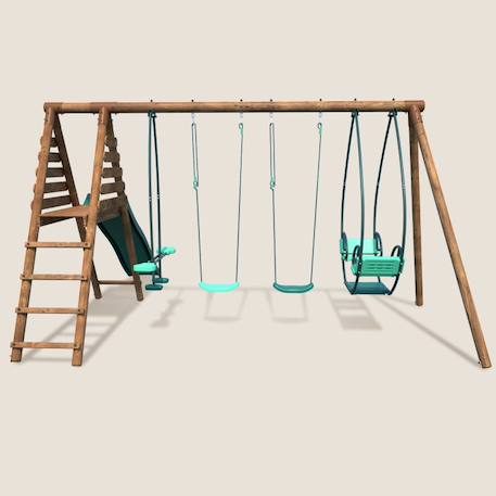 Portique en bois rond 4 agrès avec face à face et toboggan jacinthe Marron 2 - vertbaudet enfant 