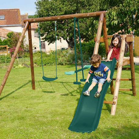 Portique en bois rond 2 agrès avec balançoire et face à face menthe Marron 4 - vertbaudet enfant 