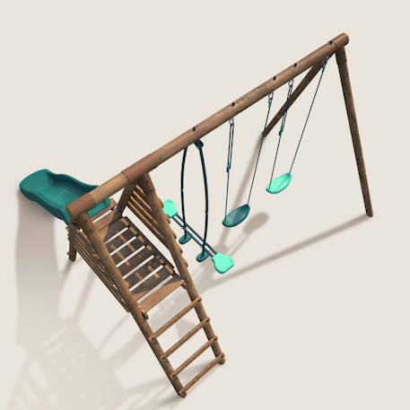 Portique en bois rond 3 agrès avec face à face et toboggan violette Marron 6 - vertbaudet enfant 