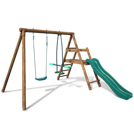 Portique en bois rond 2 agrès avec balançoire et face à face menthe Marron 3 - vertbaudet enfant 