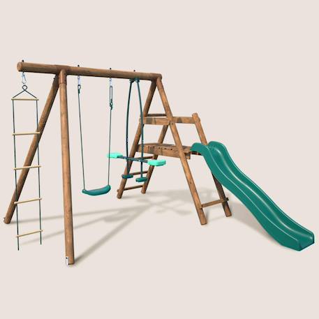 Portique en bois rond 3 agrès avec face à face, échelle et toboggan bas mûrier Marron 1 - vertbaudet enfant 