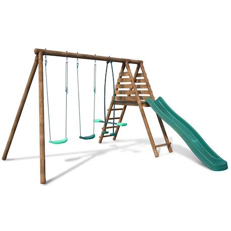 Portique en bois rond 3 agrès avec face à face et toboggan violette Marron 3 - vertbaudet enfant 