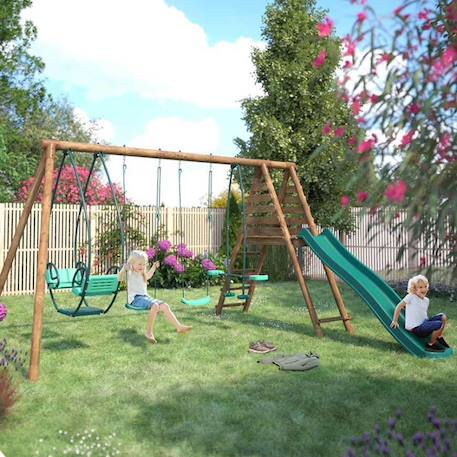 Portique en bois rond 4 agrès avec face à face et toboggan jacinthe Marron 4 - vertbaudet enfant 