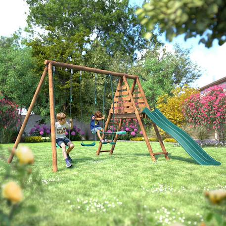 Portique en bois rond 3 agrès avec face à face et toboggan violette Marron 4 - vertbaudet enfant 