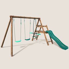 Jouet-Jeux de plein air-Portique en bois rond 3 agrès avec face à face et toboggan bas figue