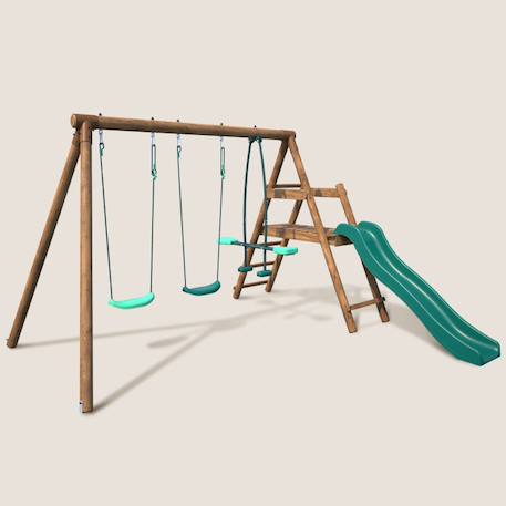 Portique en bois rond 3 agrès avec face à face et toboggan bas figue Marron 1 - vertbaudet enfant 