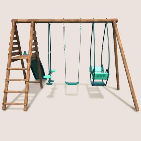 Portique en bois rond 3 agrès avec face à face et toboggan nigel Marron 2 - vertbaudet enfant 