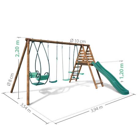 Portique en bois rond 4 agrès avec face à face et toboggan jacinthe Marron 5 - vertbaudet enfant 