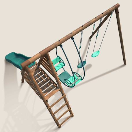 Portique en bois rond 3 agrès avec face à face et toboggan narcisse Marron 5 - vertbaudet enfant 