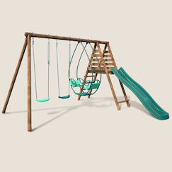 Jouet-Portique en bois rond 3 agrès avec face à face et toboggan narcisse