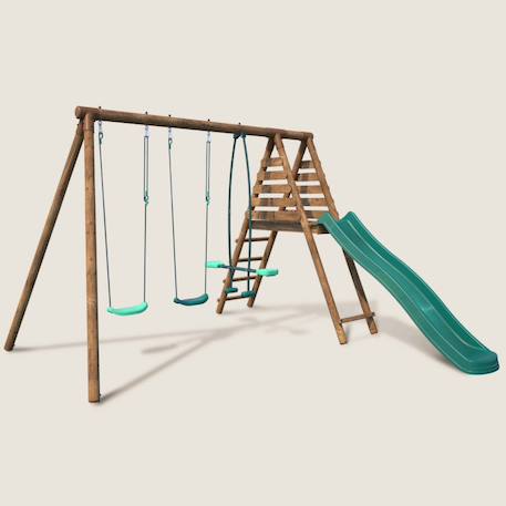 Portique en bois rond 3 agrès avec face à face et toboggan violette Marron 1 - vertbaudet enfant 