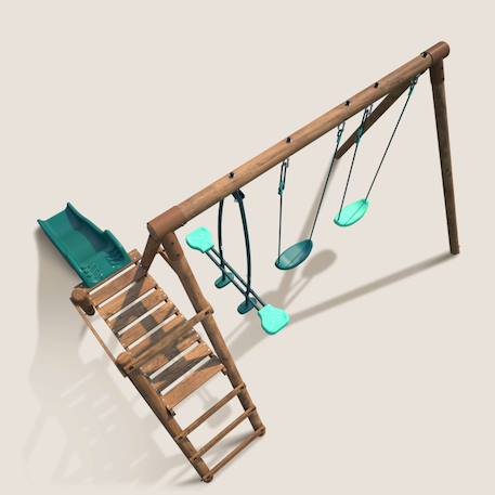 Portique en bois rond 3 agrès avec face à face et toboggan bas figue Marron 6 - vertbaudet enfant 