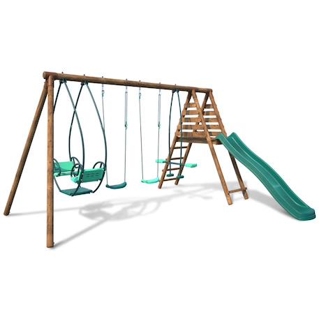 Portique en bois rond 4 agrès avec face à face et toboggan jacinthe Marron 3 - vertbaudet enfant 