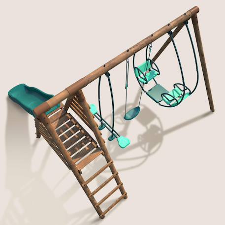 Portique en bois rond 3 agrès avec face à face et toboggan nigel Marron 6 - vertbaudet enfant 