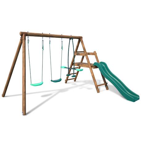 Portique en bois rond 3 agrès avec face à face et toboggan bas figue Marron 3 - vertbaudet enfant 