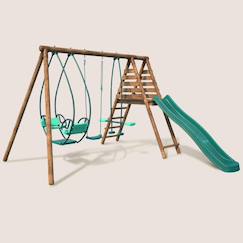 Jouet-Portique en bois rond 3 agrès avec face à face et toboggan nigel