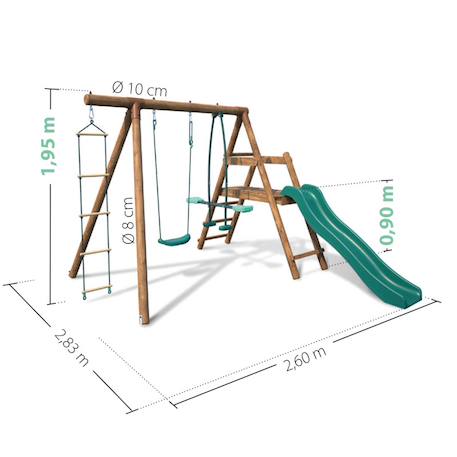 Portique en bois rond 3 agrès avec face à face, échelle et toboggan bas mûrier Marron 5 - vertbaudet enfant 