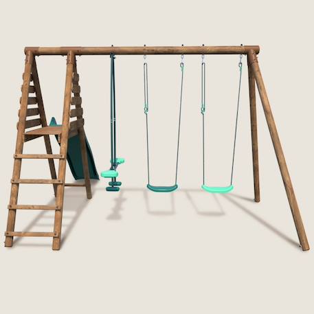 Portique en bois rond 3 agrès avec face à face et toboggan violette Marron 2 - vertbaudet enfant 
