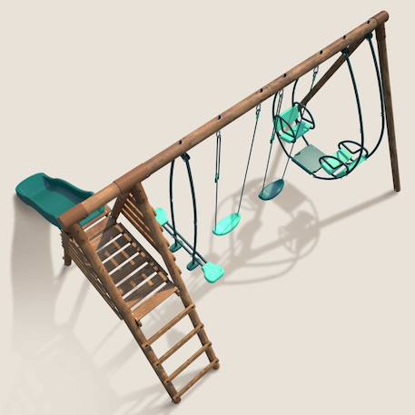 Portique en bois rond 4 agrès avec face à face et toboggan jacinthe Marron 6 - vertbaudet enfant 