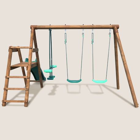 Portique en bois rond 3 agrès avec face à face et toboggan bas figue Marron 2 - vertbaudet enfant 