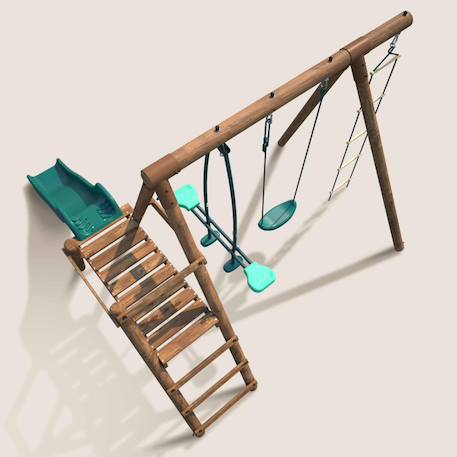 Portique en bois rond 3 agrès avec face à face, échelle et toboggan bas mûrier Marron 6 - vertbaudet enfant 