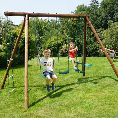 Portique en bois rond 4 agrès avec face à face et échelle gabin Vert 4 - vertbaudet enfant 