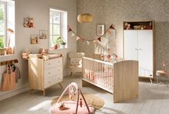 Chambre et rangement-Chambre bébé trio: lit bébé 70x140 évolutif, commode à langer 3 tiroirs et armoire 2 portes décor bois chêne et blanc - access