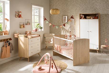 Chambre bébé trio: lit bébé 70x140 évolutif, commode à langer 3 tiroirs et armoire 2 portes décor bois chêne et blanc - access Blanc/marron 1 - vertbaudet enfant 