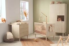 Chambre et rangement-Chambre bébé 3 pièces , lit 120x60, commode à langer 3 tiroirs , armoire 3 portes et 1 niche - décor bois hêtre cendré - opaline