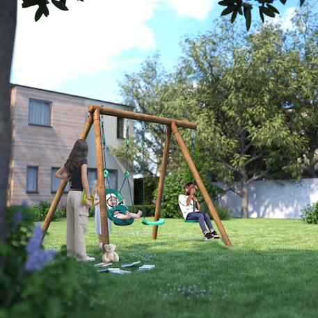 Portique en bois rond 3 agrès avec balançoire bébé et corde disque tiago Marron 4 - vertbaudet enfant 