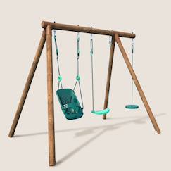 Jouet-Jeux de plein air-Portique en bois rond 3 agrès avec balançoire bébé et corde disque tiago