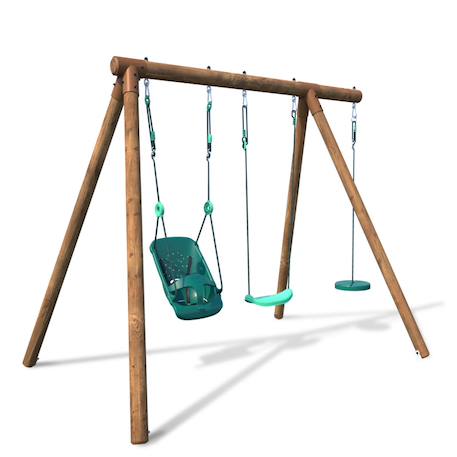 Portique en bois rond 3 agrès avec balançoire bébé et corde disque tiago Marron 3 - vertbaudet enfant 