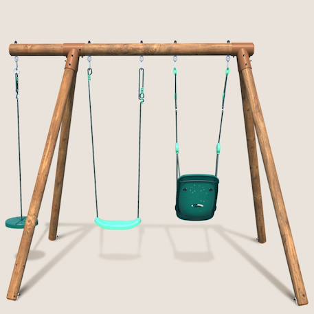 Portique en bois rond 3 agrès avec balançoire bébé et corde disque tiago Marron 2 - vertbaudet enfant 