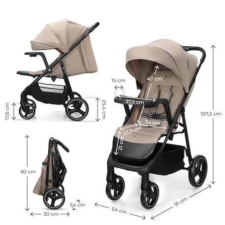 Poussette TRIG 3 TR avec plateau click & fold, assise allongée 91,5 cm, roues pivotantes 360°, capote déperlante Beige+Gris+Marron+Noir 6 - vertbaudet enfant 