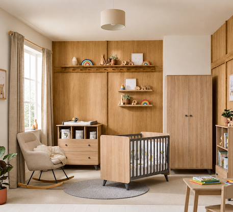Chambre bébé trio: lit bébé 60x120, commode à langer 2 tiroirs et armoire 2 portes décor bois chêne - come Marron/gris 1 - vertbaudet enfant 