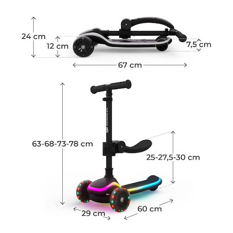 Trottinette Kinderkraft RAKET UP 2 en 1 avec Siège Réglable, Roues RGB et LED, Guidon Ajustable et Pliage Compact Beige+Black+Blue+Pink 12 - vertbaudet enfant 